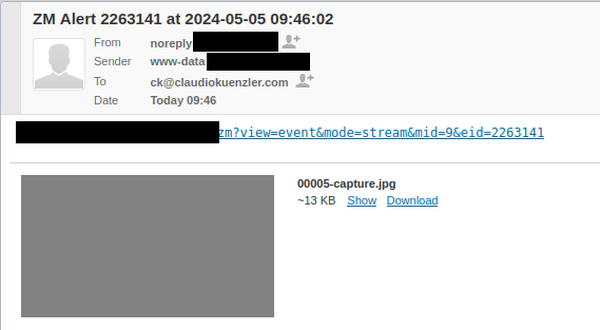 Zoneminder e-mail alert shows attached screenshot in grey