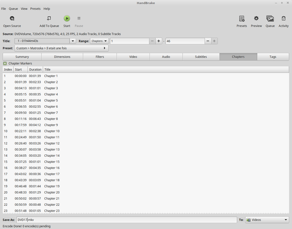 Handbrake displays chapters of a selected video from dvd