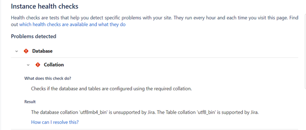 Jira health check database error: unsupported collation utf8mb4_bin