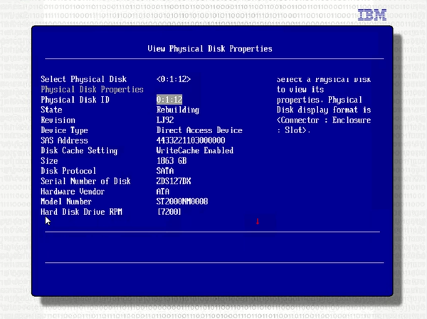 IBM System X3650 M4 BIOS showing physical drive behind MPT raid controller