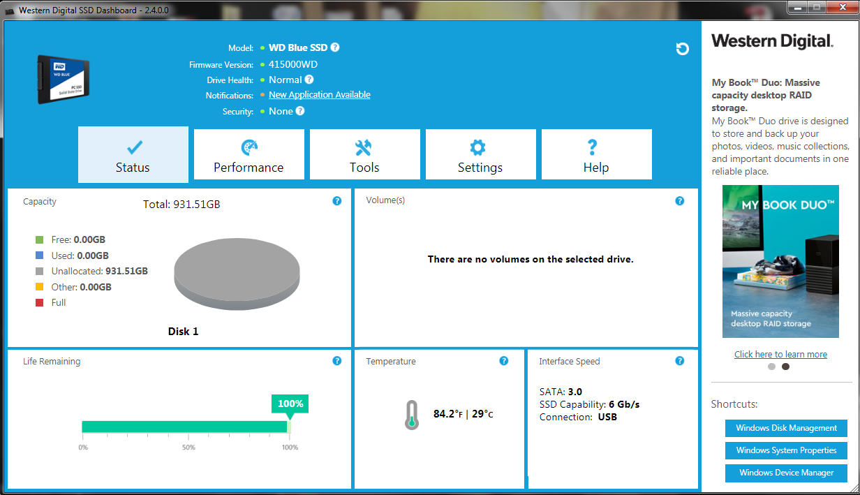 Western Digital SSD Dashboard (Software) empty black display