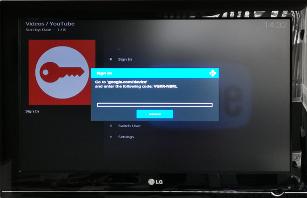Google authentication code shown in Kodi