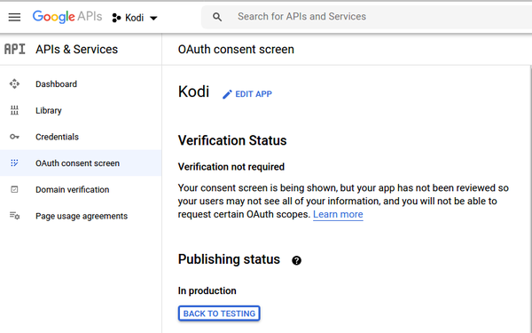 Google oauth consent screen status production