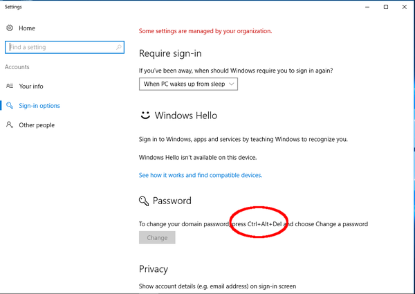 Windows change password button greyed out - requires Ctrl Alt Del combo