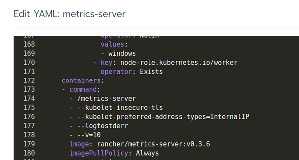 metrics-server add high verbosity logging in Rancher by editing yaml