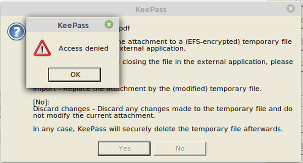 Keepass 2 on Linux Mint 20.1 shows access denied when opening an attachment