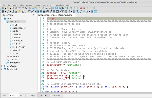 PHP code listing variables in CodeLobster