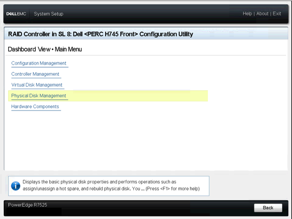 Dell PowerEdge R7527 PERC Configuration Utility Main Menu