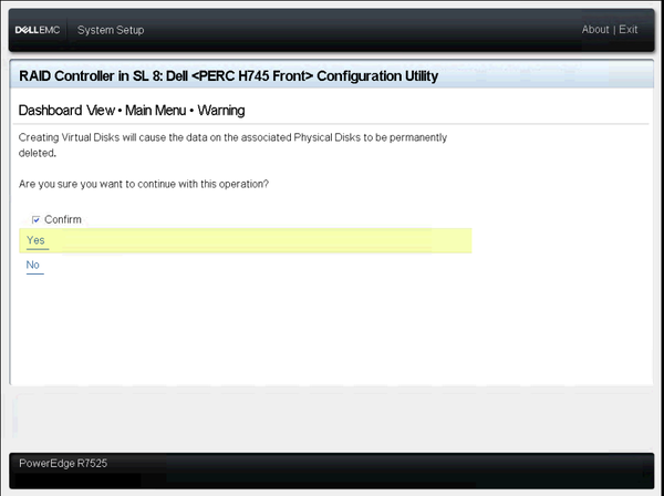 PERC Configuration Utility confirm virtual disk creation