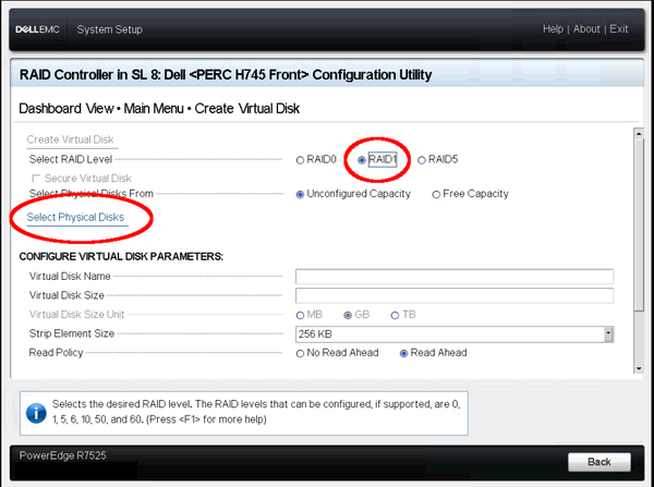 PERC Configuration Utility create virtual disk RAID-1