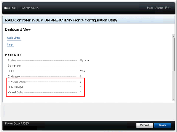 Dell PowerEdge R7527 PERC Configuration Utility Dashboard View