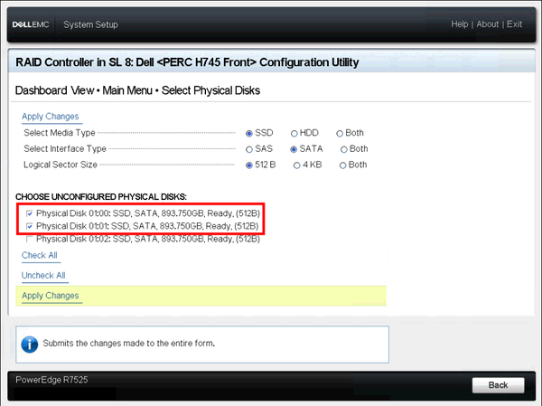 PERC Configuration Utility select physical disks