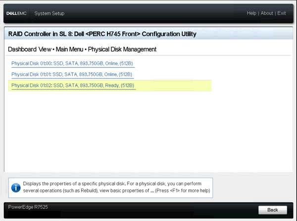 Dell PowerEdge R7527 PERC Configuration Utility Physical Disk Management