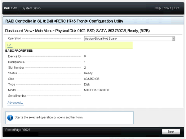 Dell PowerEdge R7527 PERC Configuration Utility Selected Global Hot Spare