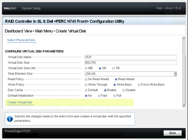 PERC Configuration Utility virtual disk parameters