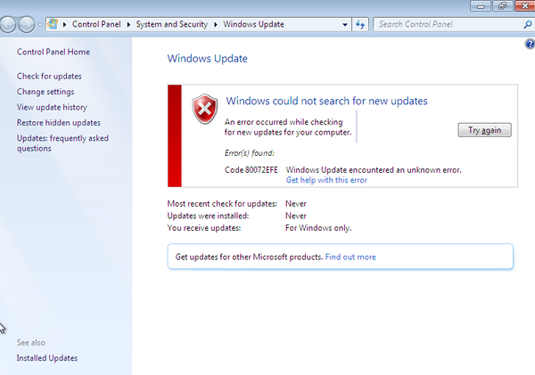 Windows 7 Update Error Code 80072EFE