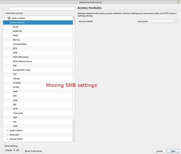 VLC missing SMB settings