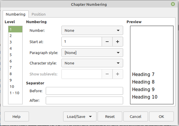 Chapter Numbering in LibreOffice Writer is missing headings 1-6