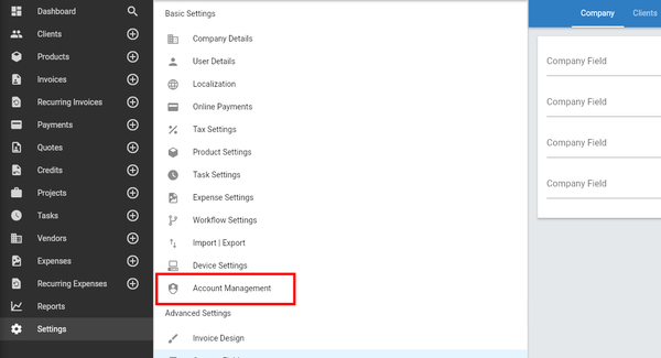 Account Management settings in Invoice Ninja v5