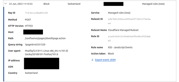 Cloudflare activity log shows blocked request, identified with RAY-ID