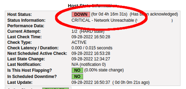 Nagios host marked as down with network unreachable