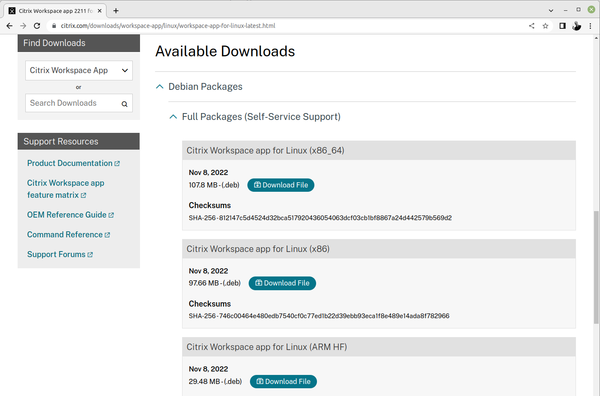 Available downloads of Citrix Workspace app for Linux OS