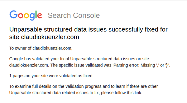 Google Search Console confirms that unparsable structured data issues successfully fixed