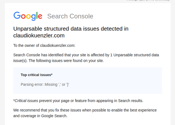 Google Search Console detected unparsable structured data issue