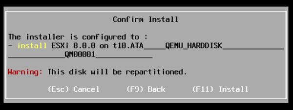 ESXi 8 confirm installation