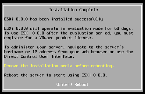 ESXi 8 installation completed