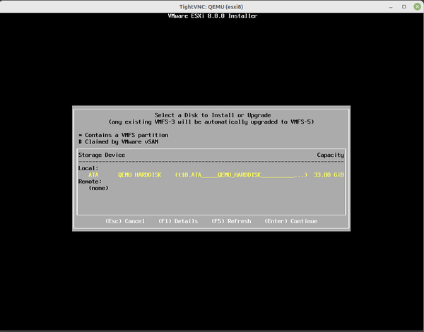 ESXi 8 installer detected QEMU SATA hard disk