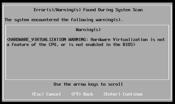 ESXi 8 installer shows warning of disabled hardware virtualization