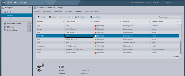 TSM-SSH service in ESXi 8 is stopped by default