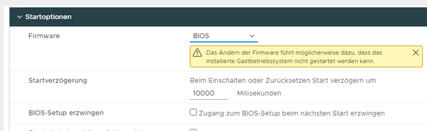 Switch to BIOS as startup firmware in VMware