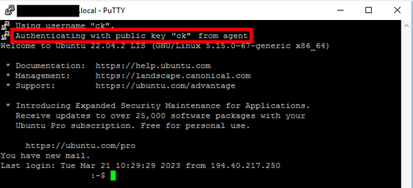 PuTTY connection to Ubuntu 22.04 with key authentication working with version 0.78