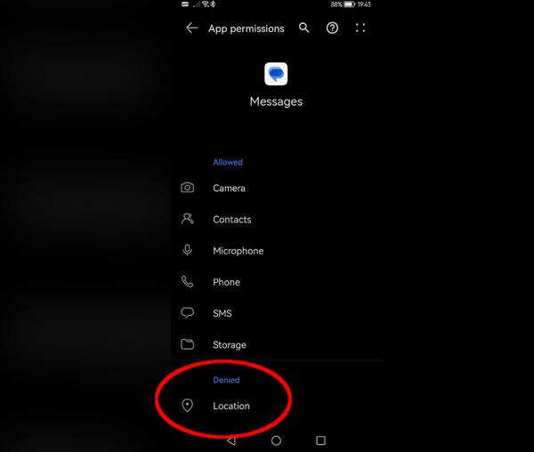 Missing Location permission in Android Messages app