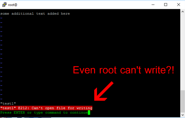 Can't open file for writing error in vim. Even as root user.