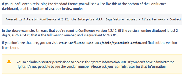 Confluence documentation shows where to find the version when logged in
