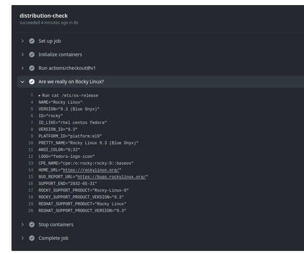 GitHub workflow (actions) running in Rocky Linux 9 container