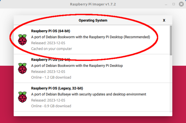 Raspberry Pi OS selection in Imager software