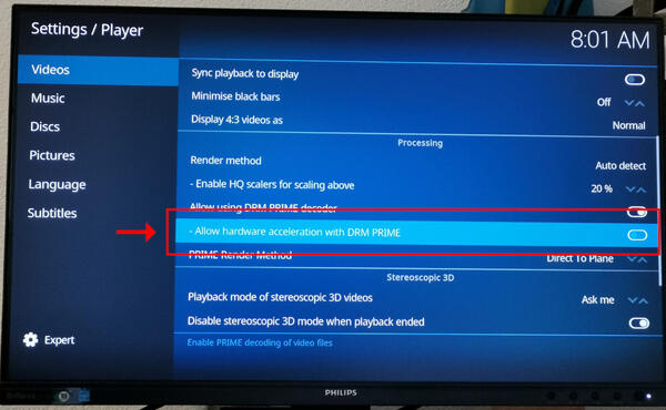 Disable DRM PRIME hardware acceleration in Kodi video settings