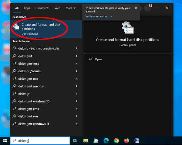 Disk Management in Windows search menu