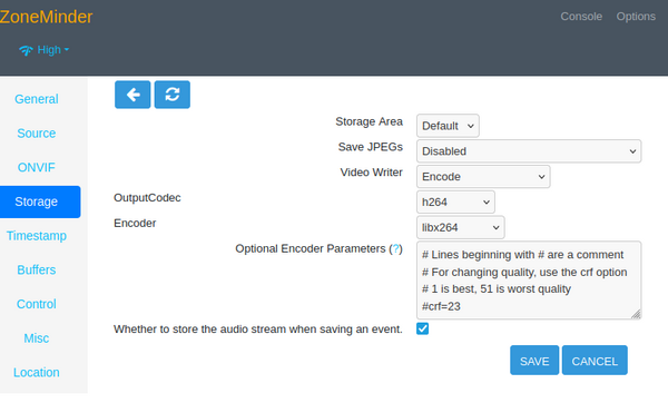 Zoneminder ffmpeg encoder settings