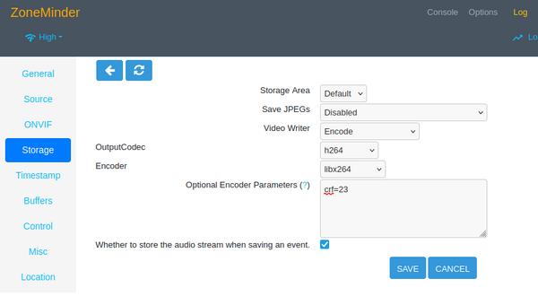 Zoneminder ffmpeg encoder settings fixed