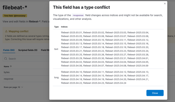 Kibana shows type conflict on a field