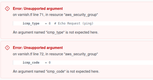 Terraform plan ran into an error after suggested icmp options
