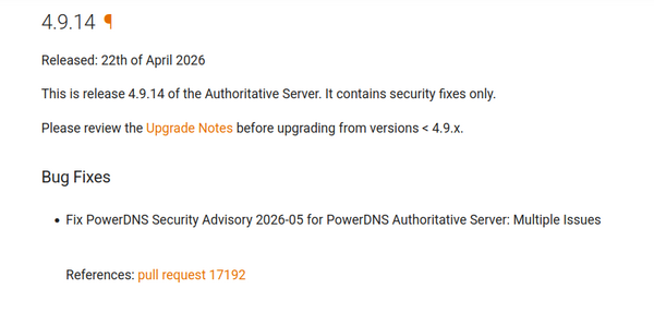 PowerDNS changelog shows security fixes including a CVE.