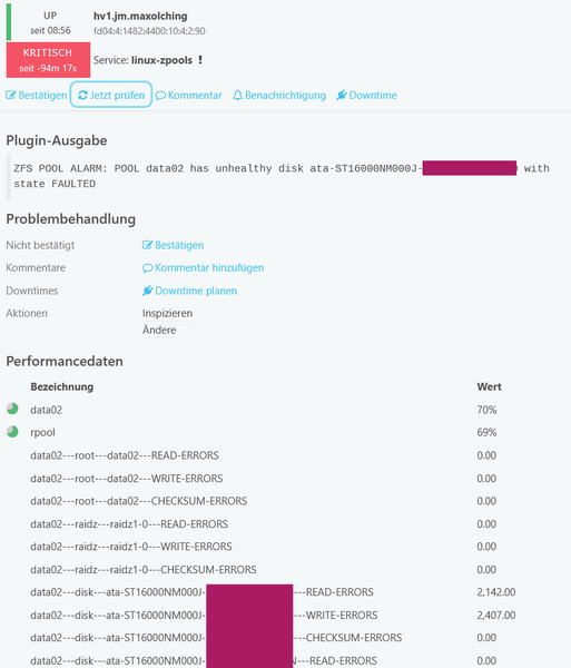 Icinga check showing ZFS Pool with drive health status