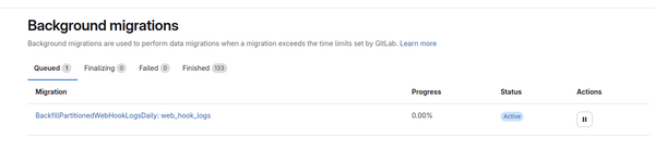 Gitlab background migrations showing BackfillPartitionedWebHookLogsDaily stuck