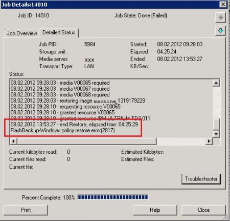 NetBackup WindowsFlash-Backup policy restore error 2817